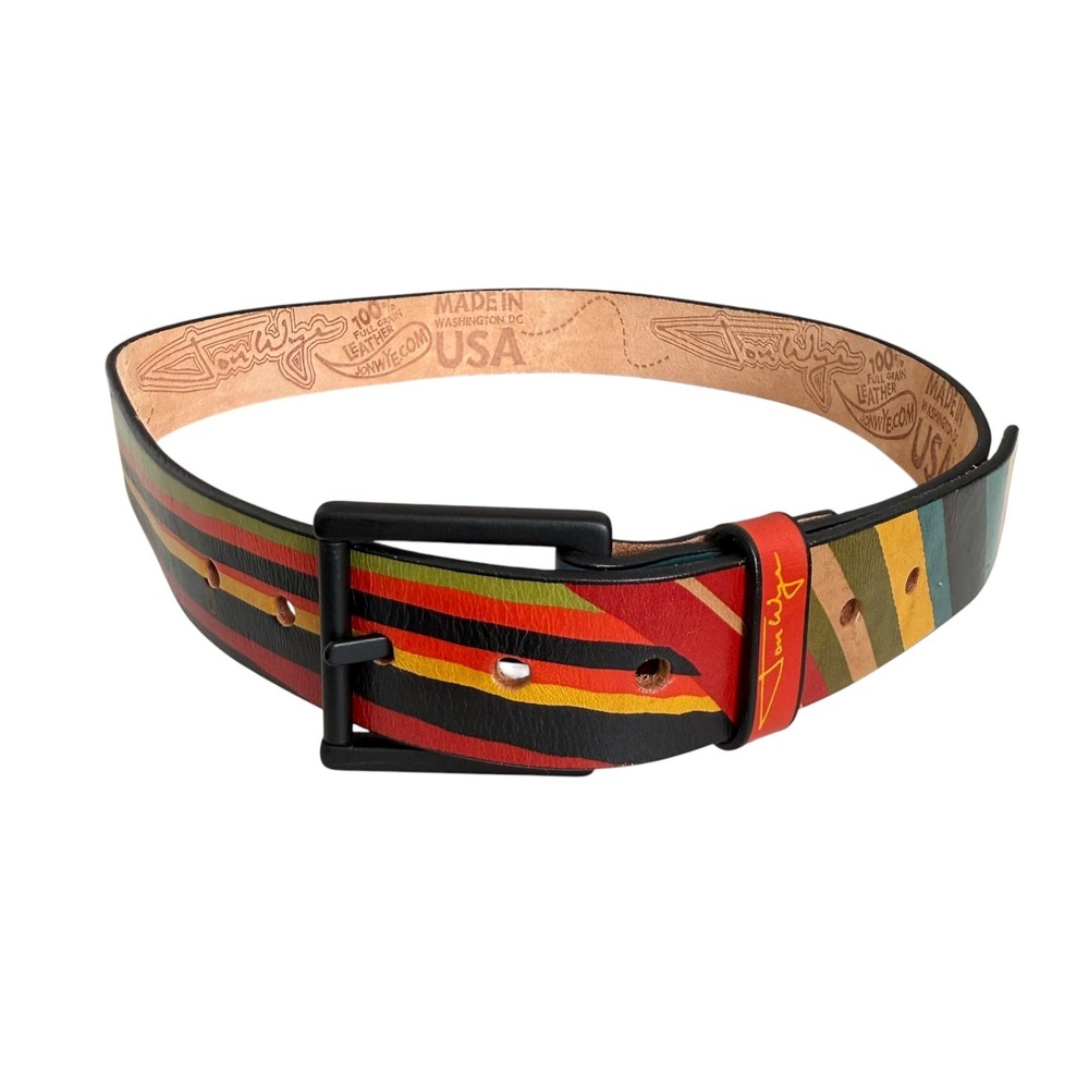 Jon Wye Mens Leather Belt Multicolor Wavy Stripe Made in USA Black Buckle